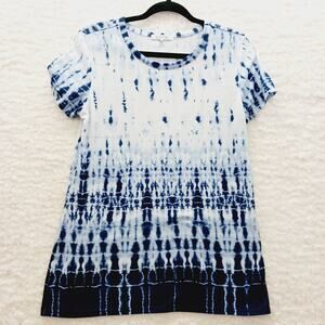 T-Shirt Women Navy Shibori Boho Casual Art Teacher Beach Travel Cruise USA Sz L